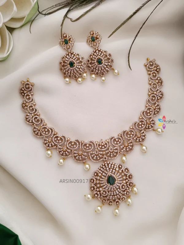 White AD Stone with Emerald Stone Diamond Alike Necklace