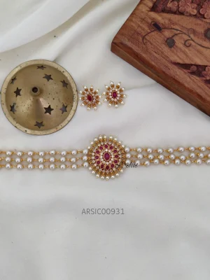 Red Stone Pendant Pearl Chain Choker