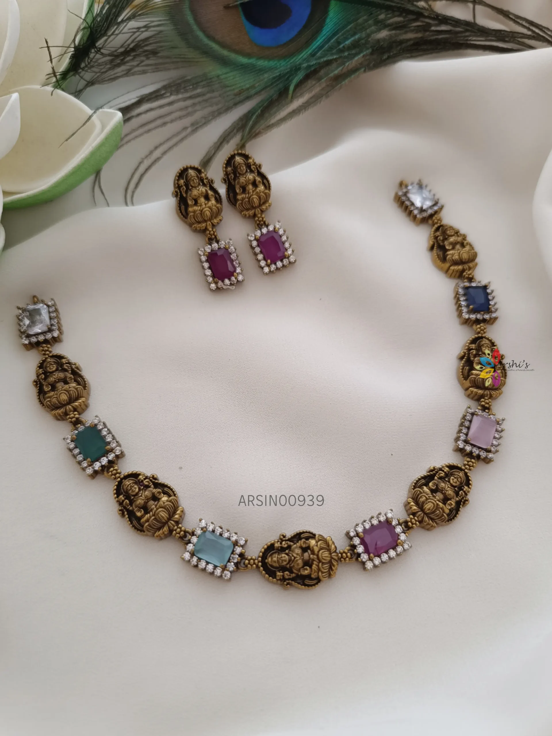 Unique Lakshmi with Multi Stone Necklace