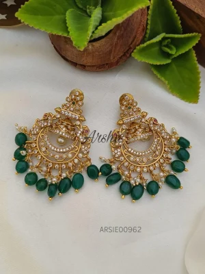 AD Stone Green Bead Chandbali Earrings