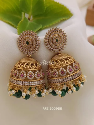 AD Stone with Green Bead and Pearl Jhumka