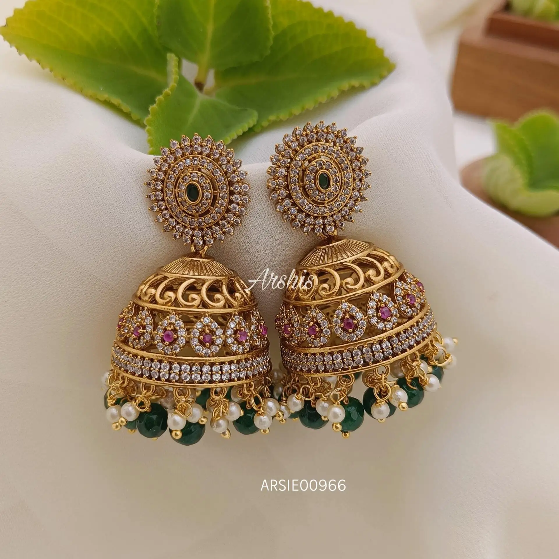 AD Stone with Green Bead and Pearl Jhumka