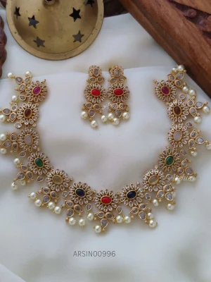 Navarathna Stone Pearl Drop Necklace