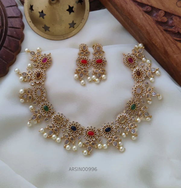 Navarathna Stone Pearl Drop Necklace