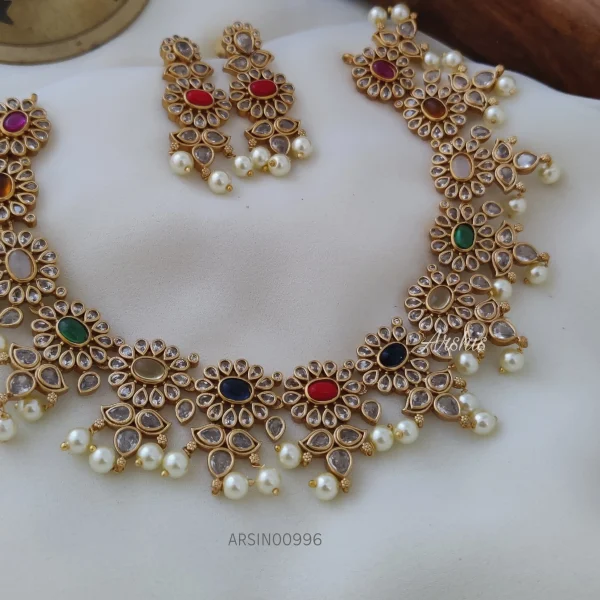 Navarathna Stone Pearl Drop Necklace