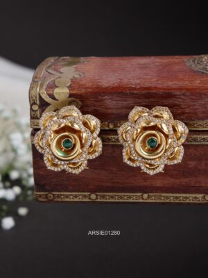 Flower Design AD & Green Stone Ear Studs