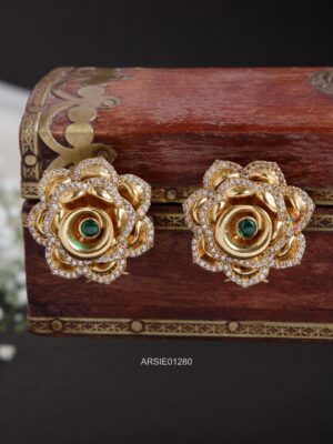 Flower Design AD & Green Stone Ear Studs