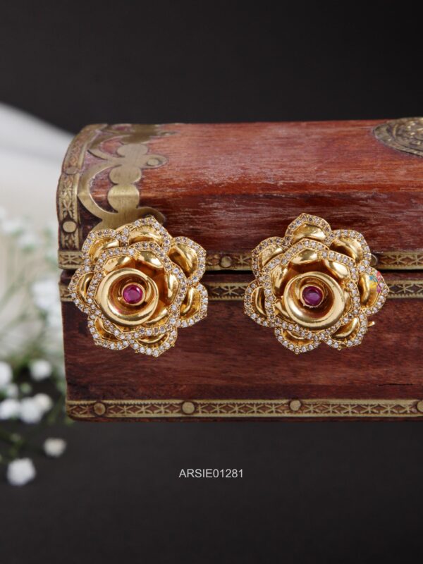 Flower Design AD & Red Stone Ear Studs