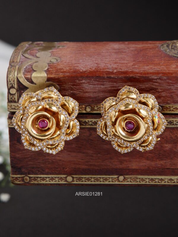 Flower Design AD & Red Stone Ear Studs