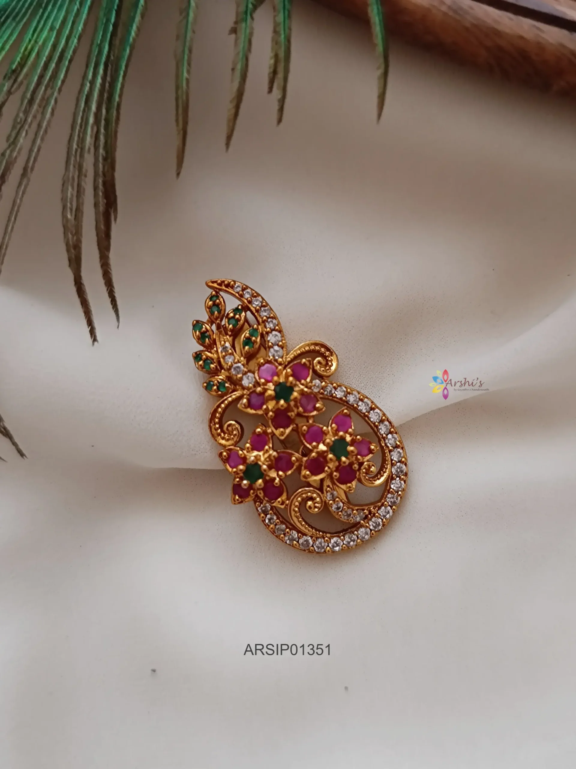 Peacock Design Saree Pins Gold plated American Diamond And Ruby Stone Gift  Jewelry