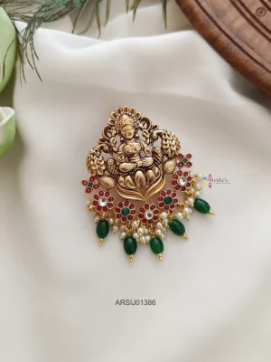 Lakshmi Flower Design Green Bead Hair Brooch