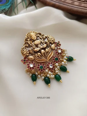 Lakshmi Flower Design Green Bead Hair Brooch