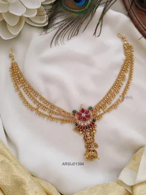 Flower and Lakshmi Design Hair Brooch with Gold Bead Chain