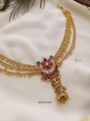 Flower and Lakshmi Design Hair Brooch with Gold Bead Chain