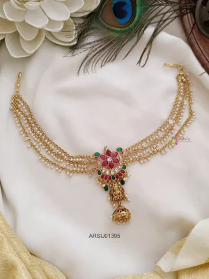 Flower and Lakshmi Design Hair Brooch with Pearl Chain