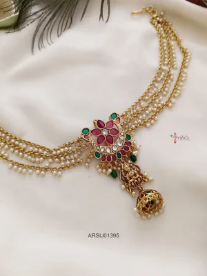 Flower and Lakshmi Design Hair Brooch with Pearl Chain