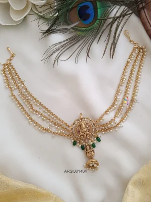 Lakshmi Green Bead Hair Brooch with Pearl Chain