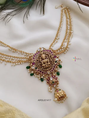 Imitation Lakshmi Green Bead Hair Brooch with Pearl Chain