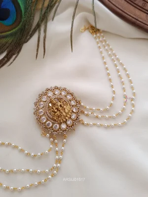 White Stone Lakshmi Hair Brooch with Pearl Chain
