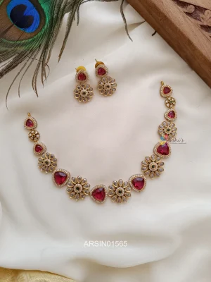 Flower Design Red and Green Stone Necklace
