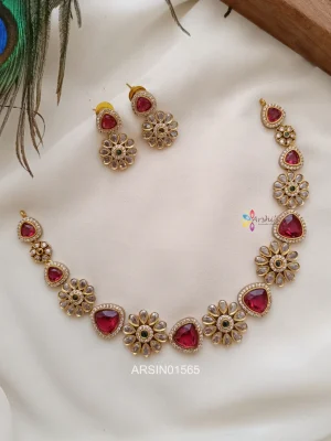 Flower Design Red and Green Stone Necklace