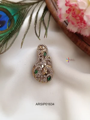 Kemp Green and AD White Stone Saree Pin