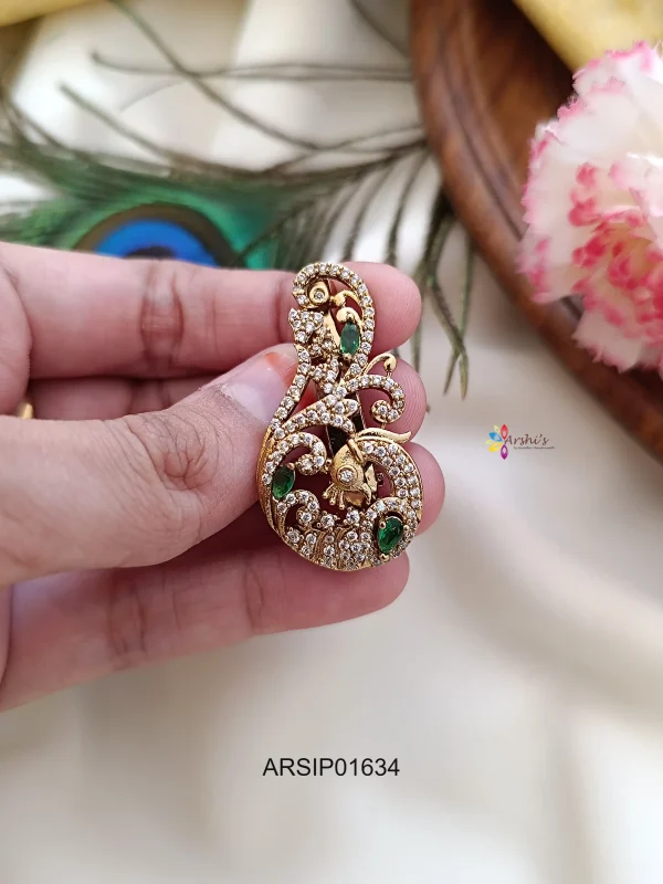 Kemp Green and AD White Stone Saree Pin