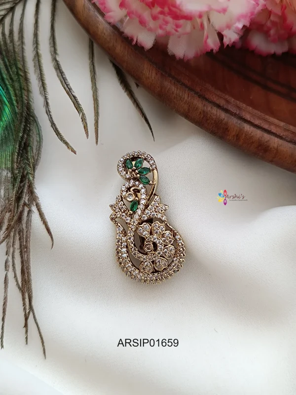 Designer Green and White Stone Saree Pin