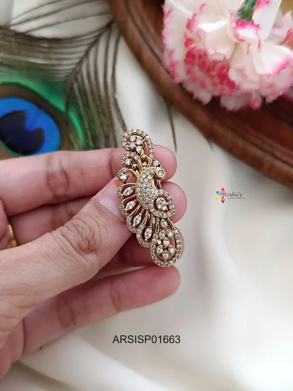 Peacock White AD Stone Saree Pin