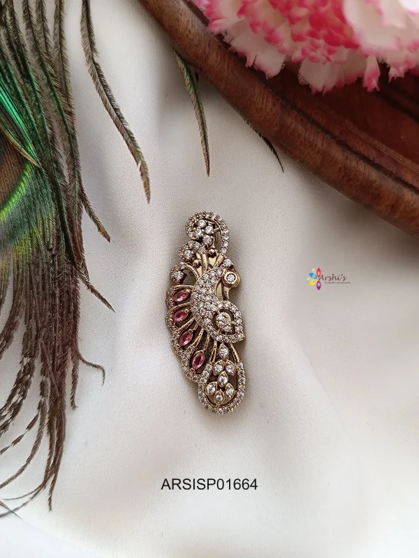 Peacock White and Red Stone Saree Pin