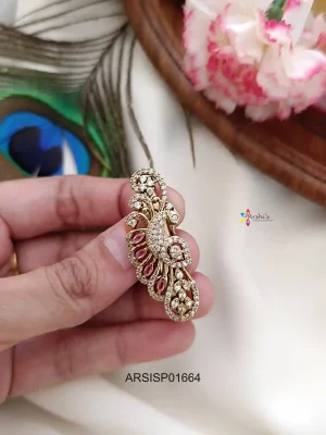 Peacock White and Red Stone Saree Pin