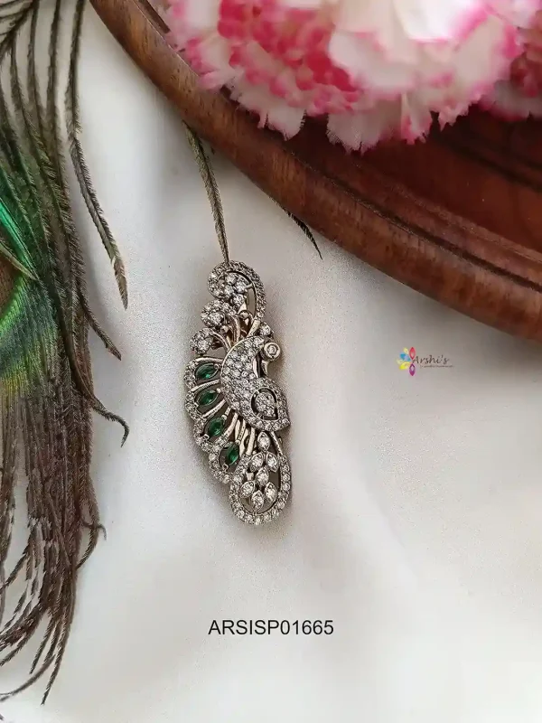 Peacock White and Green Stone Saree Pin