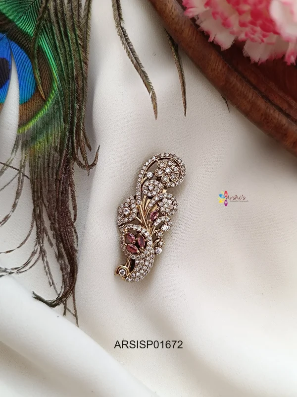 Adorable Peacock White and Red Stone Saree Pin