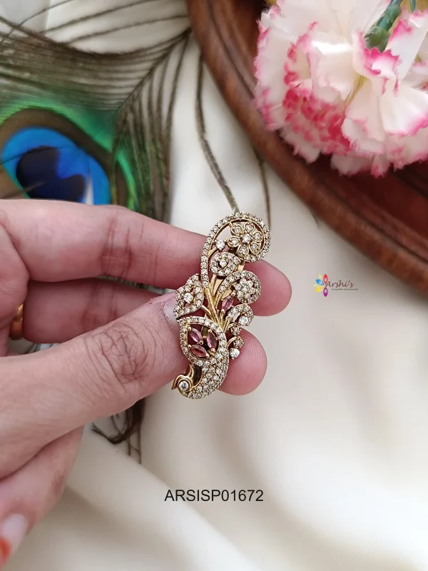 Adorable Peacock White and Red Stone Saree Pin