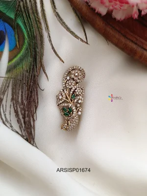 Adorable Peacock White and Green Stone Saree Pin