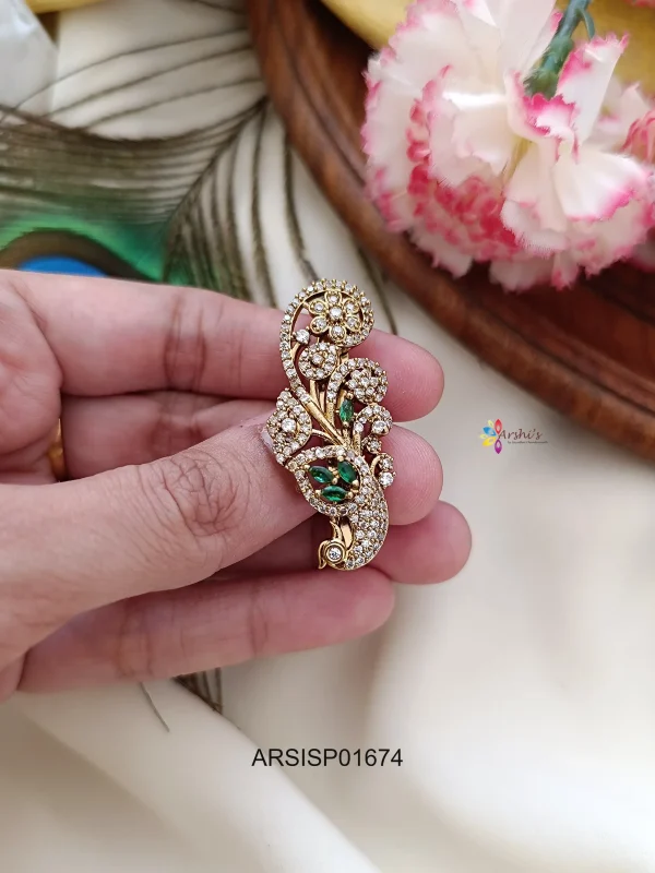 Adorable Peacock White and Green Stone Saree Pin