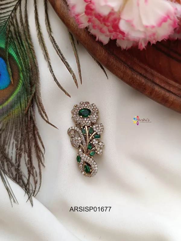 White and Green Stone Flower Design Saree Pin