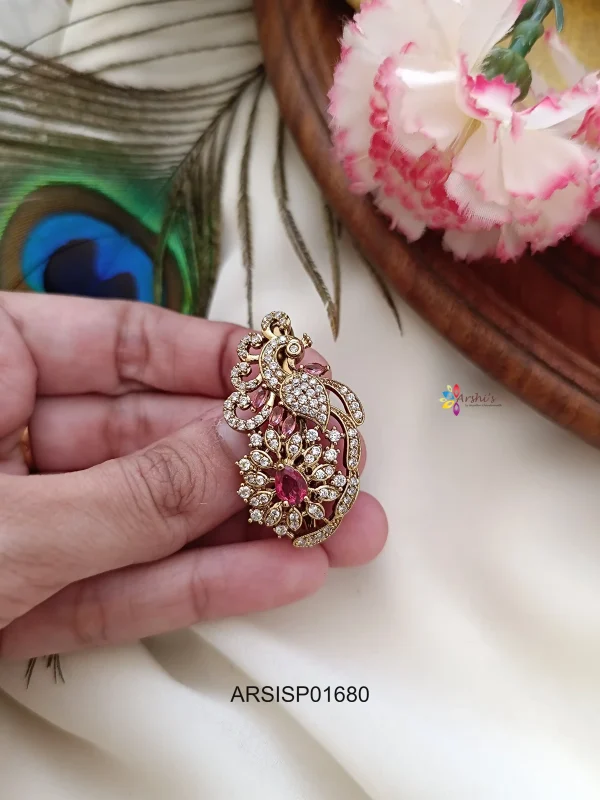 Peacock Red Stone Saree Pin