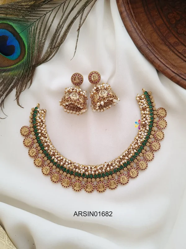 Pearl with Emerald Stone Lakshmi Coin Necklace