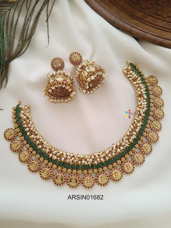 Pearl with Emerald Stone Lakshmi Coin Necklace