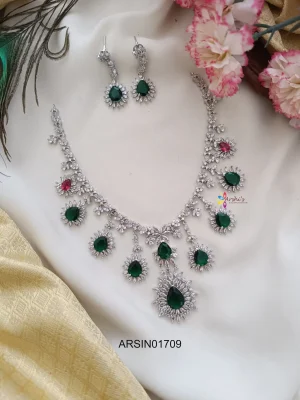 Rodium Polish AD and Emerald Stone Necklace