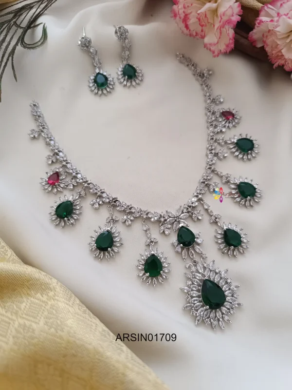 Rodium Polish AD and Emerald Stone Necklace