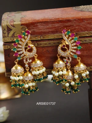 Peacock Tri Design Kemp and Green Stone Jhumka