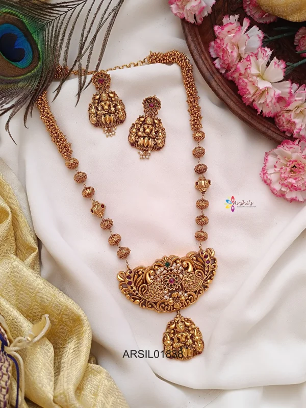 Peacock and Lakshmi Pendant Gold Bead Chain Haram