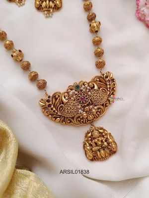 Peacock and Lakshmi Pendant Gold Bead Chain Haram