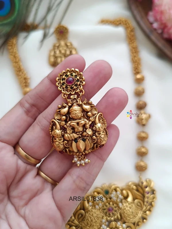 Peacock and Lakshmi Pendant Gold Bead Chain Haram