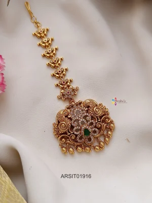 AD White Stone Maang Tikka with Gold Drops