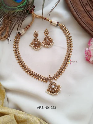 Gold Beaded with Pearl Studded Necklace