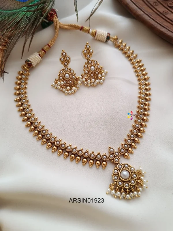 Gold Beaded with Pearl Studded Necklace