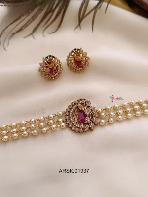 Elegant Three Layer Pearl Peacock Multi Stone Choker